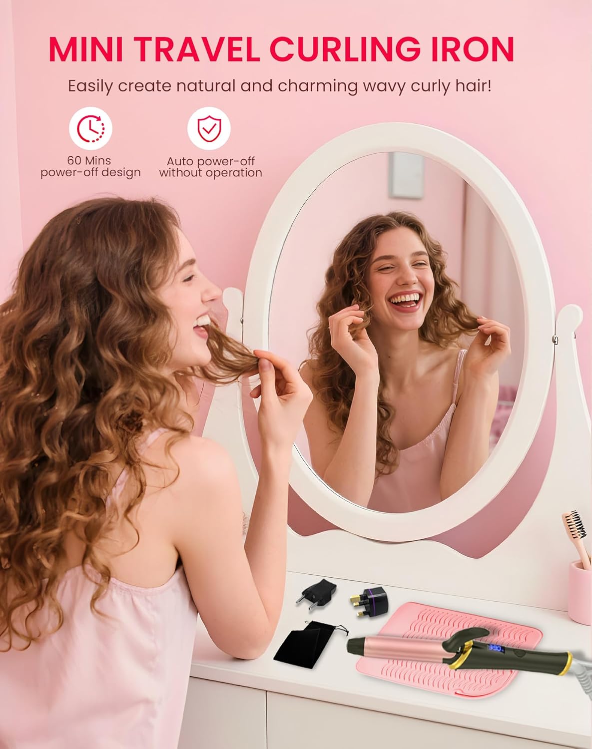 Ukliss Mini Curling Iron 1 Inch with Anti-Scald Tip, 30s Fast Heat, 5 Temp Settings & Dual Voltage for Travel, Creates Soft Waves & Curls on Short to Medium Hair, Includes EU/UK Adapter, Heat Mat