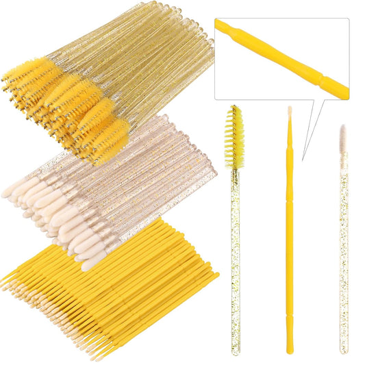 300 Pack Disposable Spoolies Brushes Sets Mascara Wand Lip Brushes Bamboo pole-shaped Handle Cotton Swab for Eyebrow Eyelash Extension Tattoo Lipstick Applicator(Yellow)