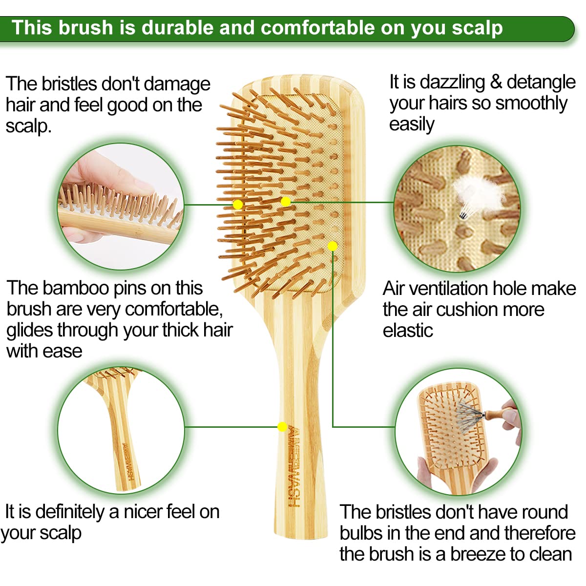 Bamboo Hair Brush Comb Set for Women, Wooden Paddle Detangling Brush for Thick Thin Curly Straight Wavy Fine Hair, Wide Tooth & Tail Comb Great for Wet or Dry Use, Hairbrush Cleaning Tool Included