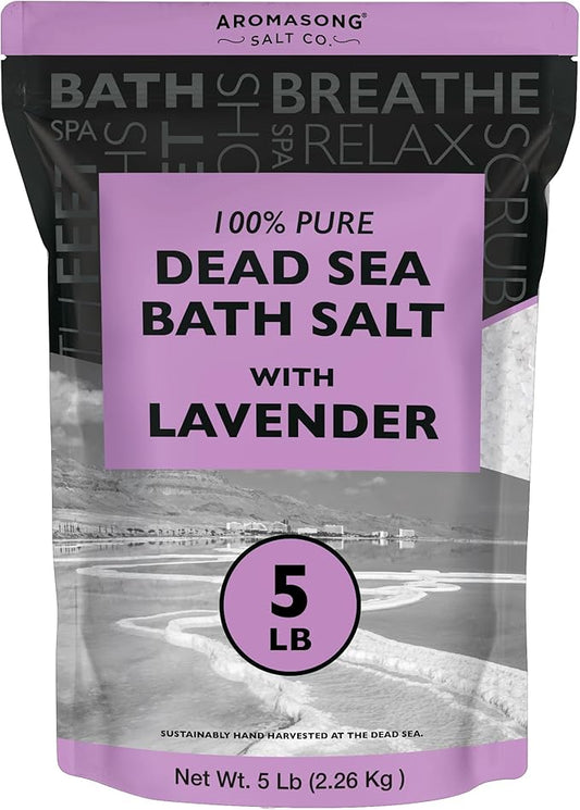 Aromasong RAW Dead Sea Salt with 100% Natural Lavender, 5 Lb, Not Cleaned, Still Contains All Dead Sea Minerals Including Dead Sea Mud, Fine Medium Grain Large Resealable Pack. (Packaging May Vary)