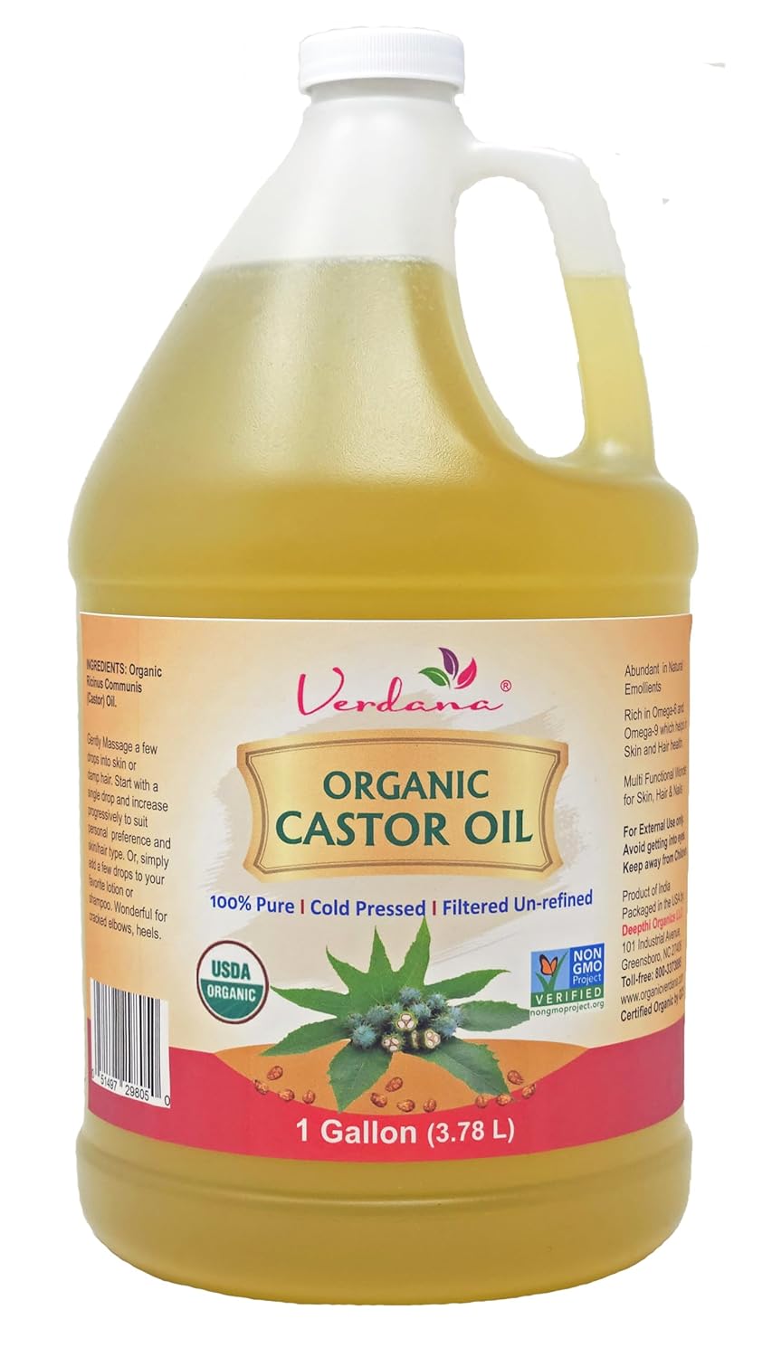 Verdana Organic Castor Oil 1 Gallon (128 fl oz) – USDA Certified Organic, Cold Pressed, Hexane-Free – For Hair, Eyelashes, Skin & Castor Oil Packs