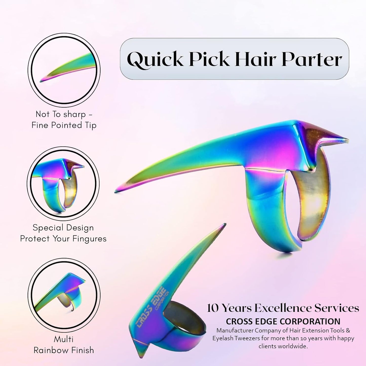 Cross Edge Pro Hair Parting & Sectioning Rings - Stainless Steel Finger Braiding Pick Tools Installation of Remy Human Extensions Styling (Multi Rainbow Titanium Color)