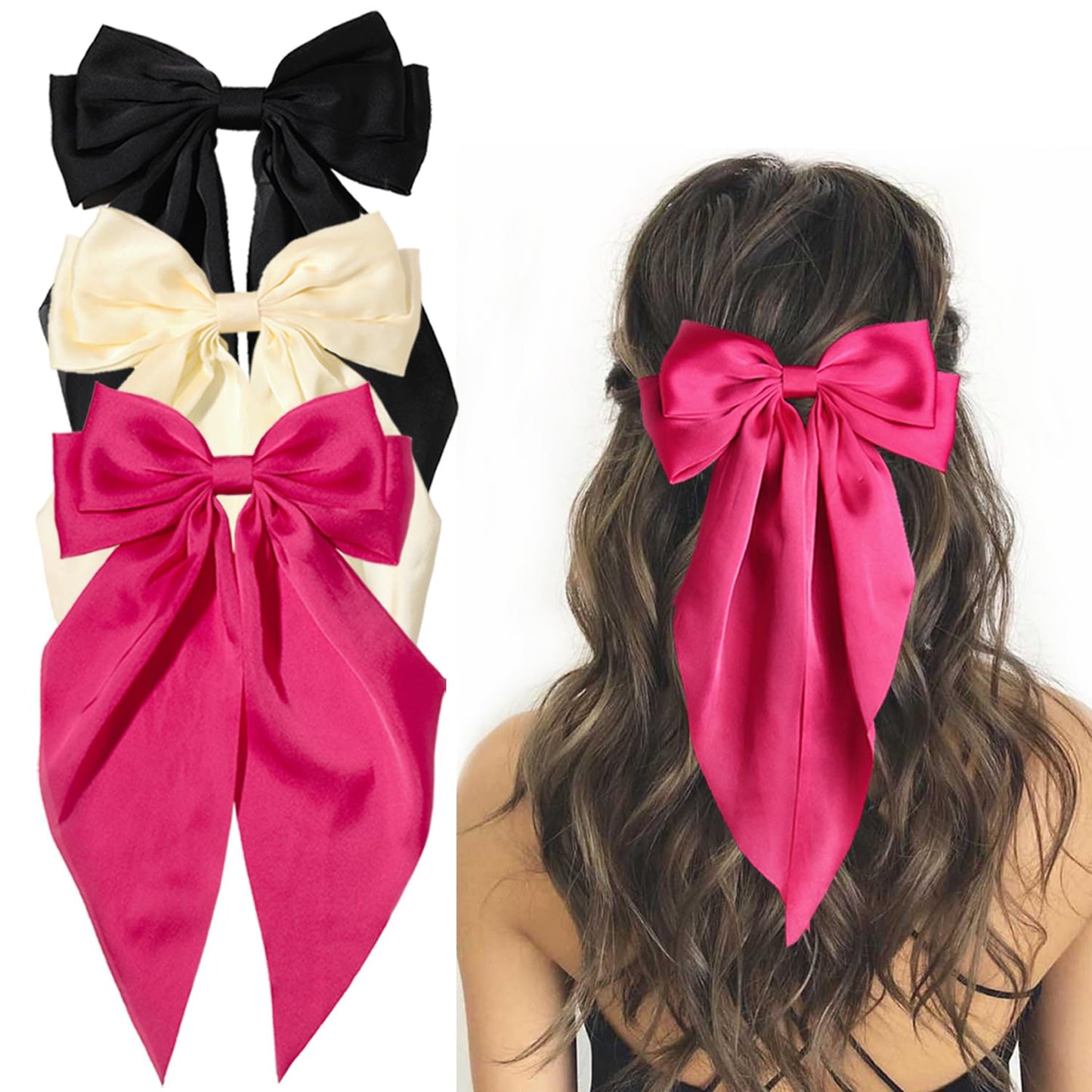 Furling Pompoms Hair Bows for Women Girls, 3pcs Big Bow Hair Clips Ribbon Hair Bow Ponytail Accessories, Holiday Party Birthday (Beige Black Hot Pink)