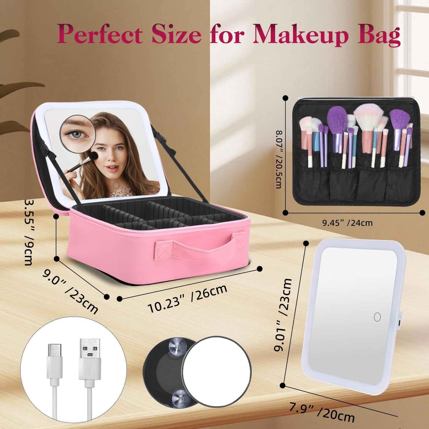 Travel Makeup Bag With LED Mirror,Cosmetic Train Case with 3 Color Setting,Cosmetic Makeup Organizer Bag with Adjustable Dividers,Portable Make up Box with Make up Brushes Holder Storage（Pink）