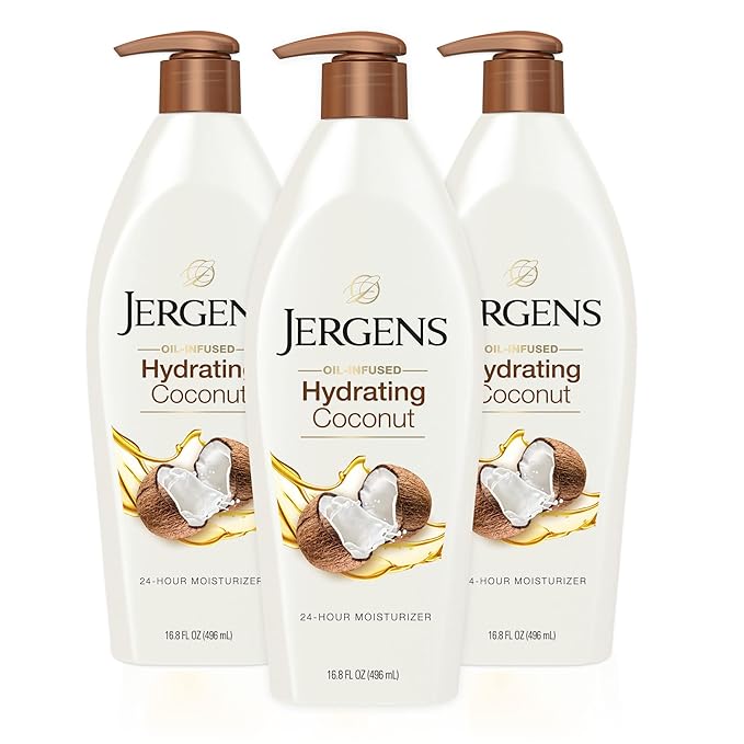 Jergens Hydrating Coconut Body Lotion, Hand and Body Moisturizer, Infused with Coconut Oil, Hydrates Dry Skin Instantly, Dermatologist Tested, 16.8 oz, Pack of 3