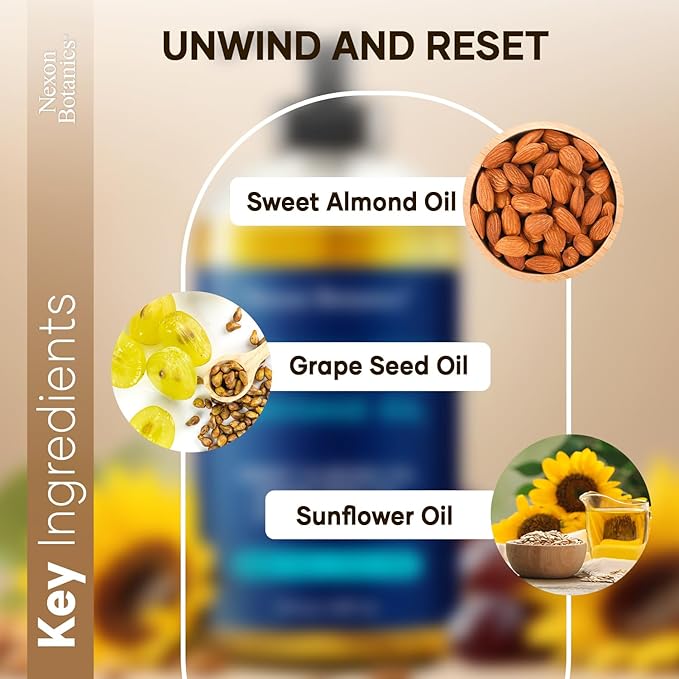 Unscented Massage Oil 8 fl oz - Hydrating Body Oil for Sensitive Skin & Muscle Relief - with Sweet Almond, Grape Seed & Sunflower Oils - Nexon Botanics