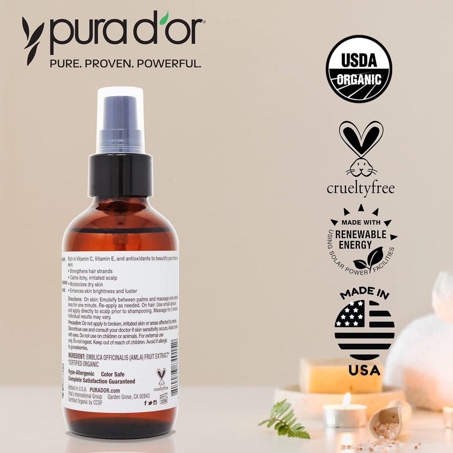 PURA D'OR 4 Oz ORGANIC Amla Oil, 100% Pure USDA Certified Premium Grade, Cold Pressed, Unrefined, Extra Virgin, Hair Serum & Thickening Hair Product w/Pump for Women & Men