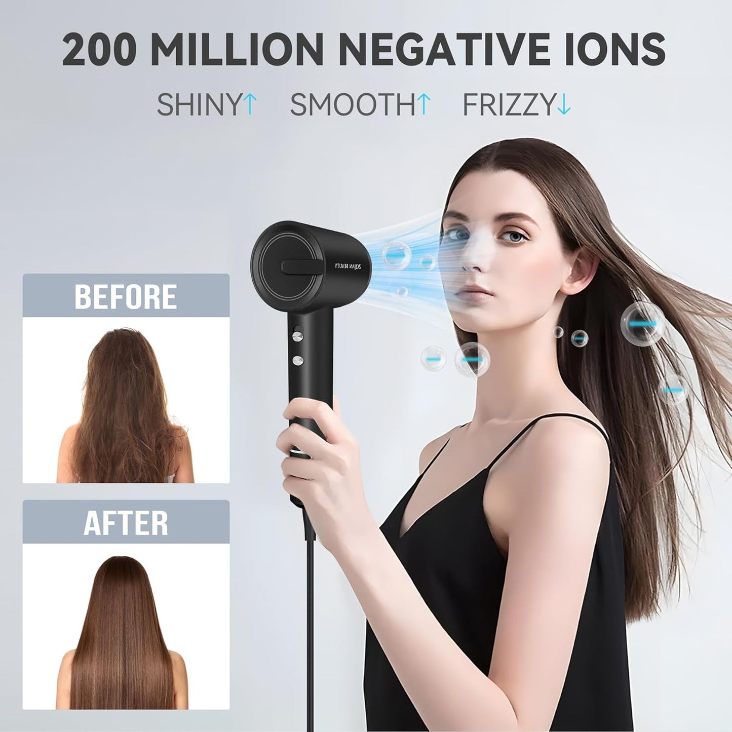 Blow Dryer with 200 Million Negative Ions, Professional High-Speed Hair Dryer for Women and Men Fast Drying Low Noise Travel Hairdryer (Black, with Concentrator Nozzle and Diffuser Nozzle)