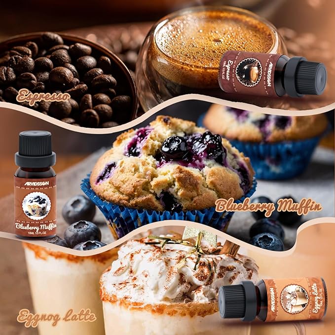 ARVIDSSON Coffee Fragrance Oils Set, Premium Essential Oils for Diffuser, Espresso, Vanilla Chai, Hot Chocolate, Blueberry Muffin, Eggnog Latte, Caramel Macchiato, Coffee Shop Scented Oils