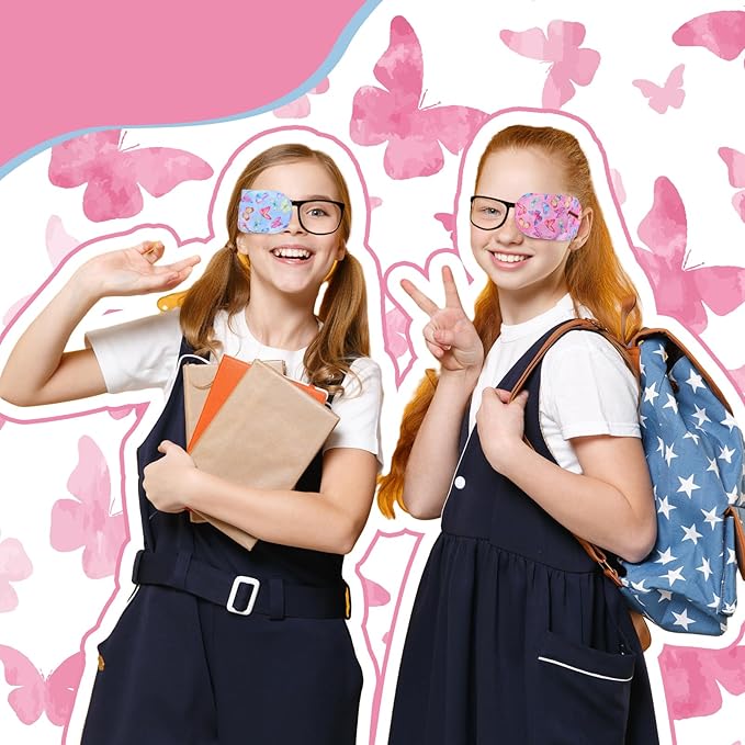 Newcotte 12 Pcs Eye Patch for Kids Toddler Reusable Adjustable Girls Boys Eyepatch for Glasses Left or Right Eye Patch, Assorted Patterns(Butterfly)