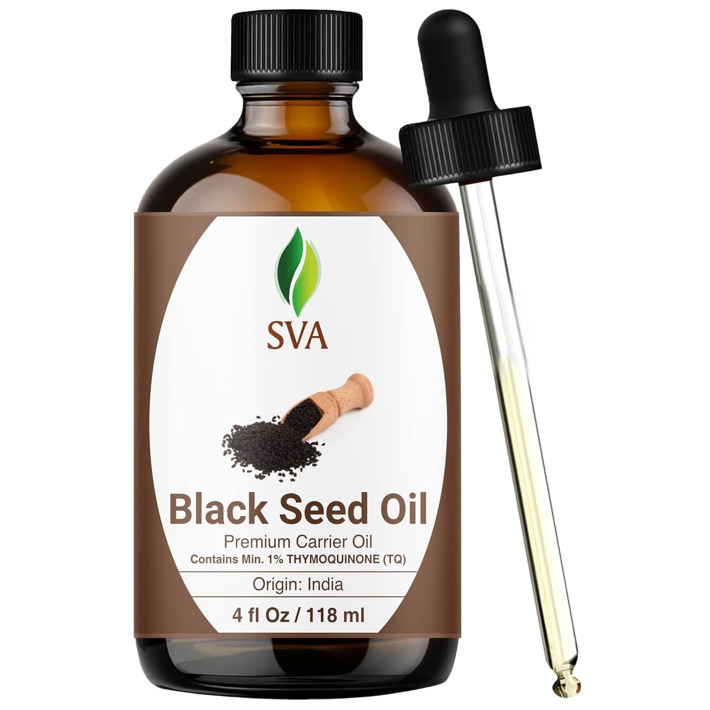 SVA Black Seed Oil - 4 Fl Oz – 100% Natural Cold Pressed Black Seed Oil - for Face, Skin Care, Hair Care, Scalp Massage & Body Massage – Carrier Oil with Dropper