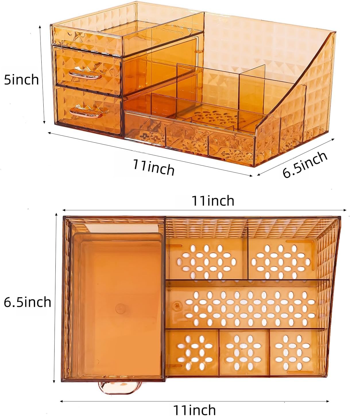Clear Makeup Organizer for Vanity,Desk Makeup Caddy With Drawers for Cosmetics,Lipsticks Nail Care Skincare Jewelry Countertop Organizers,Cosmetic Display Cases for Bathroom, Dresser (Amber)