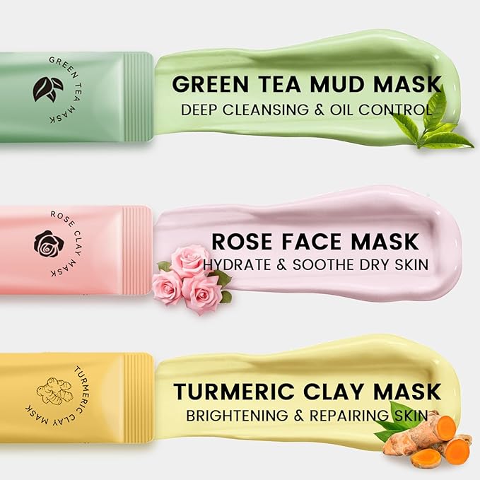 Turmeric Clay Mask, Rose Face Mask & Green Tea Mud Mask 12 PCS - Spa Facial Mask Set Gift for Women & Men, Skin Care Set for Deep Cleansing, Moisturizing, and Refining Pores