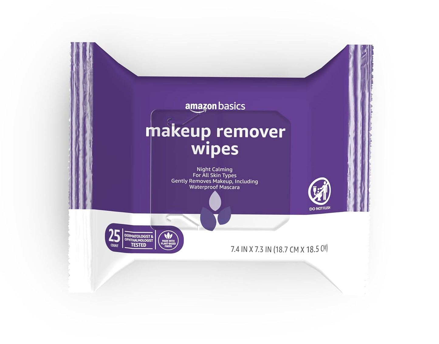 Amazon Basics Makeup Remover Wipes, Gentle Cleansing, Dermatologist Tested, Night Calming, Plant Based, Alcohol-Free, Removes Waterproof Mascara, 25 Count Per Pack, Pack of 1