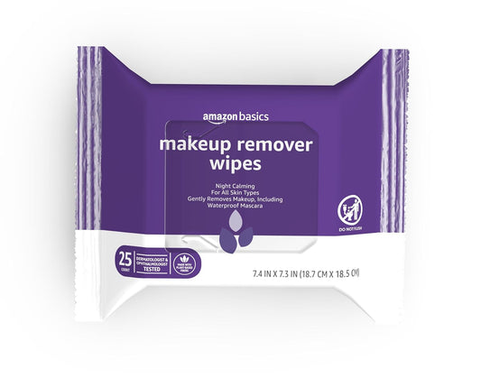 Amazon Basics Makeup Remover Wipes, Gentle Cleansing, Dermatologist Tested, Night Calming, Plant Based, Alcohol-Free, Removes Waterproof Mascara, 25 Count Per Pack, Pack of 1