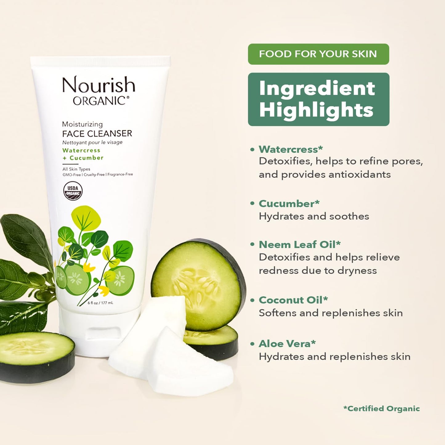 Nourish Organic Moisturizing Face Cleanser for All Skin Types, Watercress + Cucumber Face Wash, Fragrance-Free (6 Oz) + Washable Cotton Round
