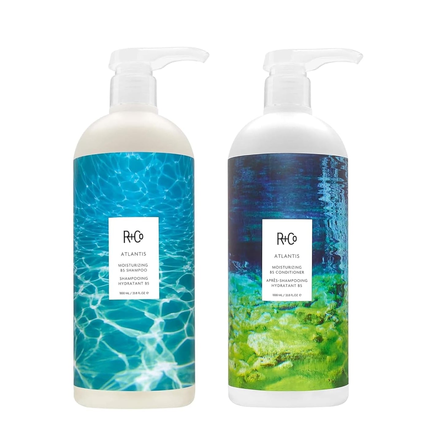 R+Co Atlantis Moisturizing B5 Shampoo & Conditioner Set + Deluxe Sample (0.5oz) | Deep Hydration & Repair for Dry Hair | Vegan + Cruelty-Free | 33.8oz (Pack of 2)