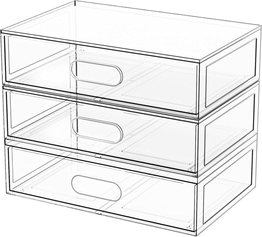 Clear Stackable Makeup Organizer with Drawer, 12''W Acrylic Storage Drawers, Cosmetic Display Case for Vanity Bathroom Countertop, Beauty Holder for Lipstick Brush Skincare Perfume (3 Tier)