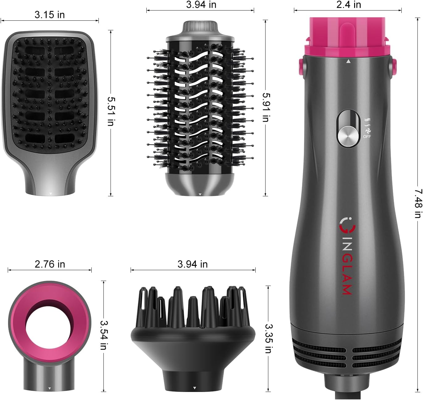 IG INGLAM 4 in 1 Hot Air Brush, Negative Ion Detachable Hair Styler & Volumizer with 2 Brush Heads, Updated Push Switch, Gray