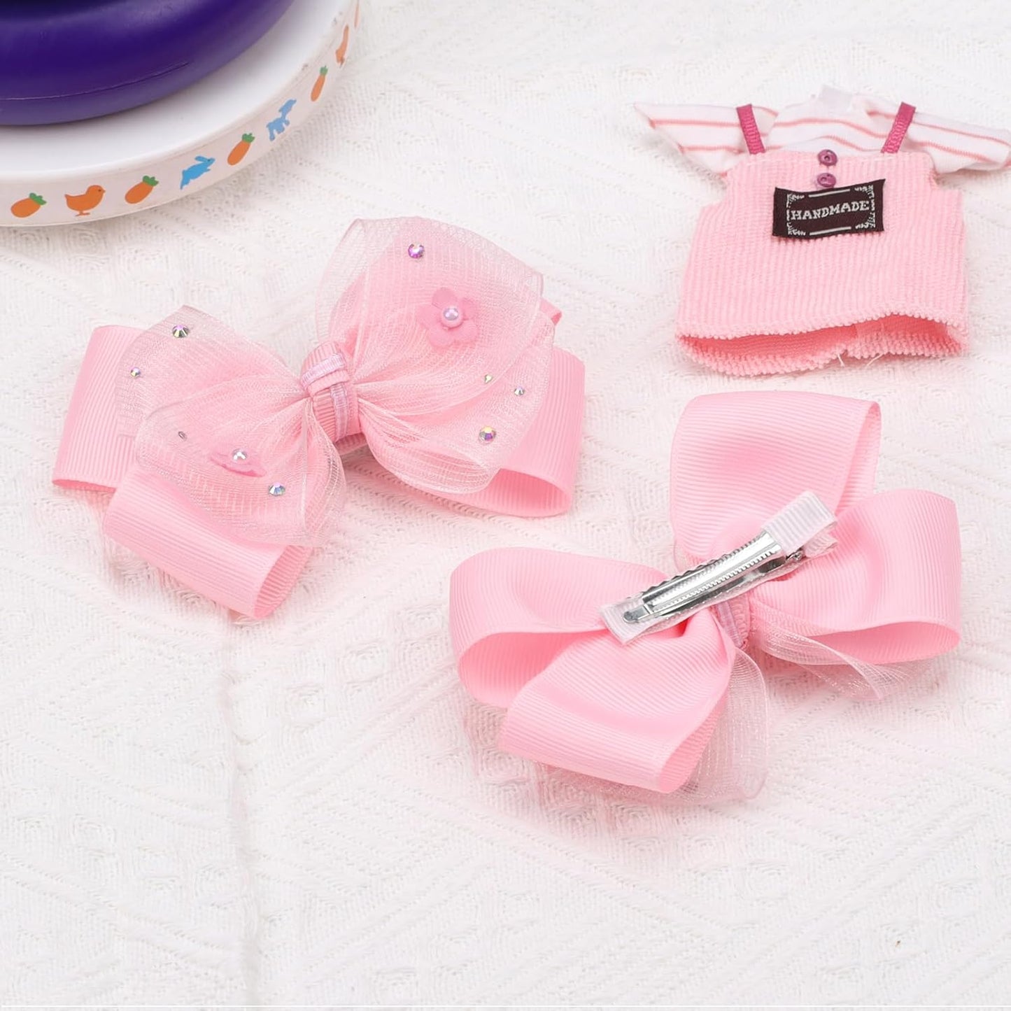 KISZU 4.5 Inch Flower Hair Bow Clips, Organza Bows with Pearls Big Hair Accessories for Baby Girls Kids Children Teens and Women (Pink)