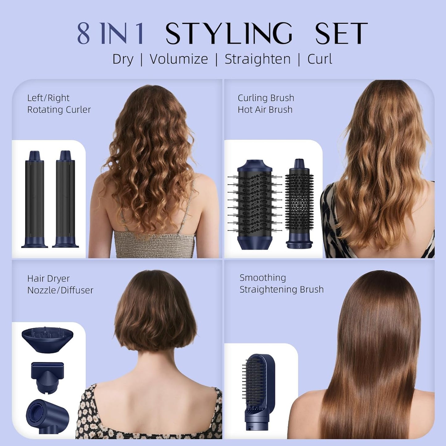 DORISILK 8 in 1 Hair Nora Styler & Hair Dryer Brush Blow Dryer, 110000 RPM High-Speed Hot Brush Styler and Auto Wrap Curlers, Negative Ions for Smoothing Straightening Curling Volumizing Drying, Blue