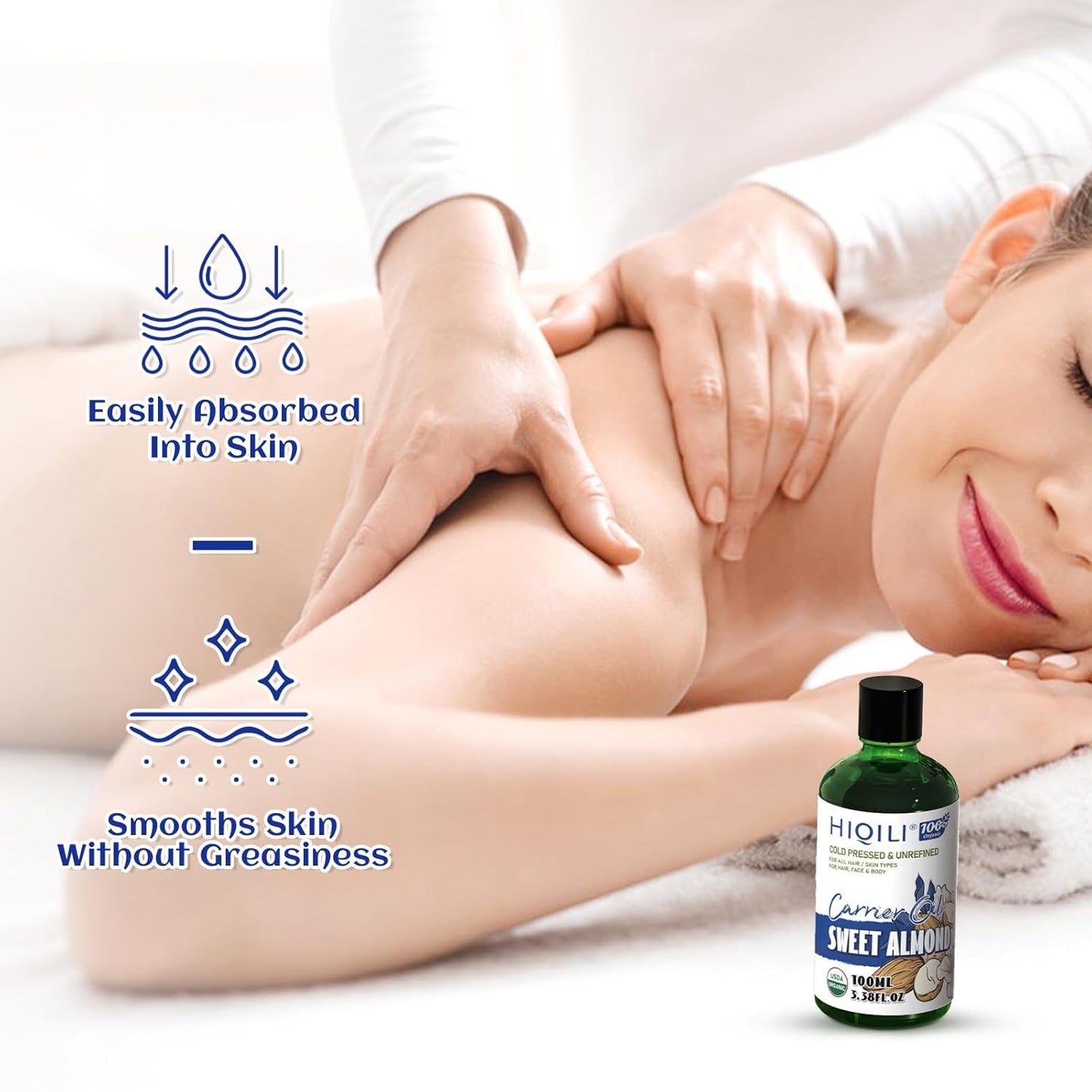 HIQILI Sweet Almond Oil, Skin, Hair Care, 100% Pure Organic Carrier Oil, Hexane Free, Unscented - 3.38 Fl Oz