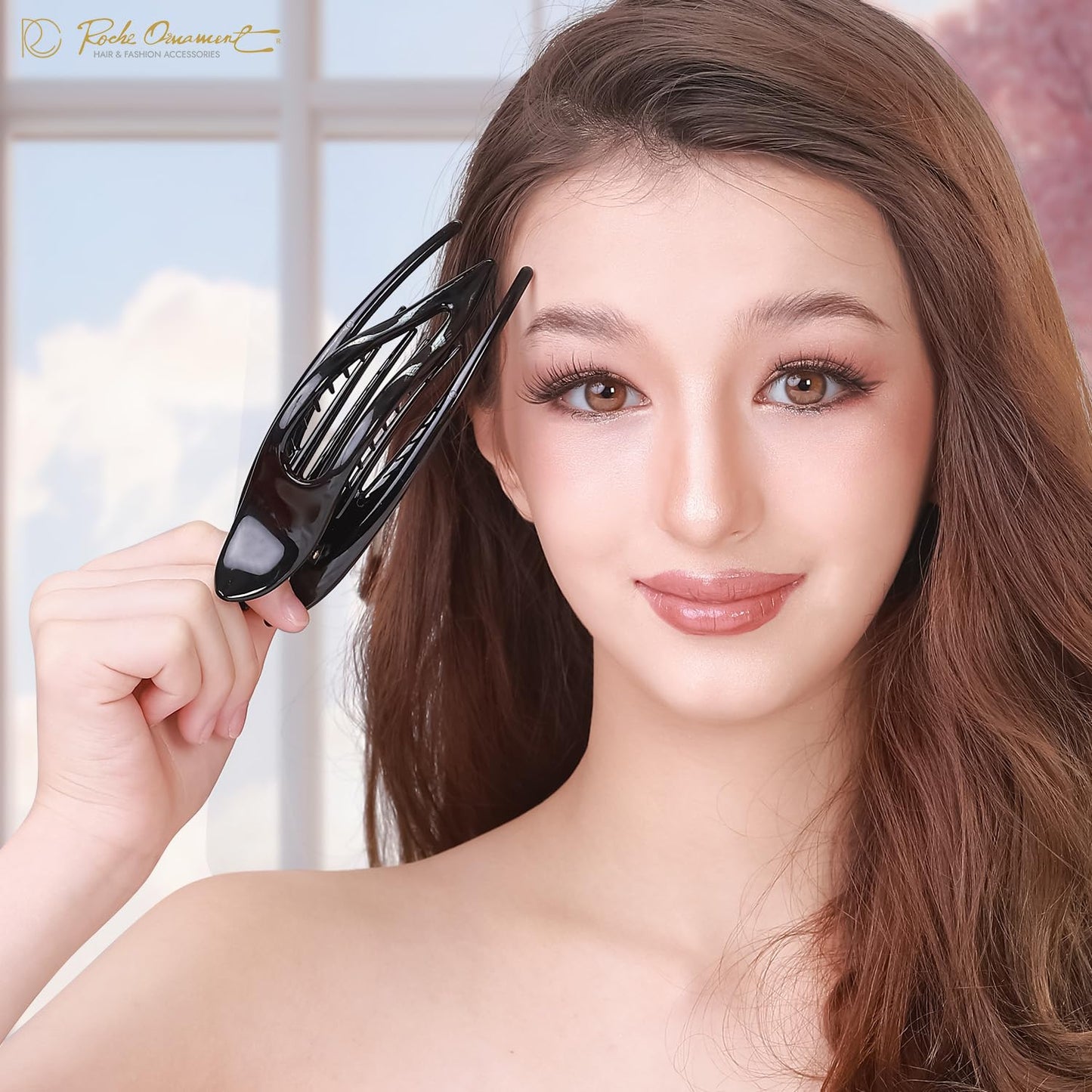 RC ROCHE 2 Pcs Flat Hair Clips Big Claw for Thick Hair French Duckbill Women No Slip Side Slide Curved Alligator Concord Strong Grip Hold Volume Lay Down Clamp, Medium Black & Brown