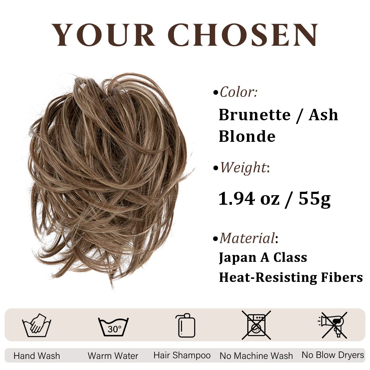 CJL HAIR Large Messy Bun Hair Piece Wavy Curly Scrunchies Synthetic Chignon Ponytail Hair Extensions Thick Updo Hairpieces for Women Brunette/Ash Blonde