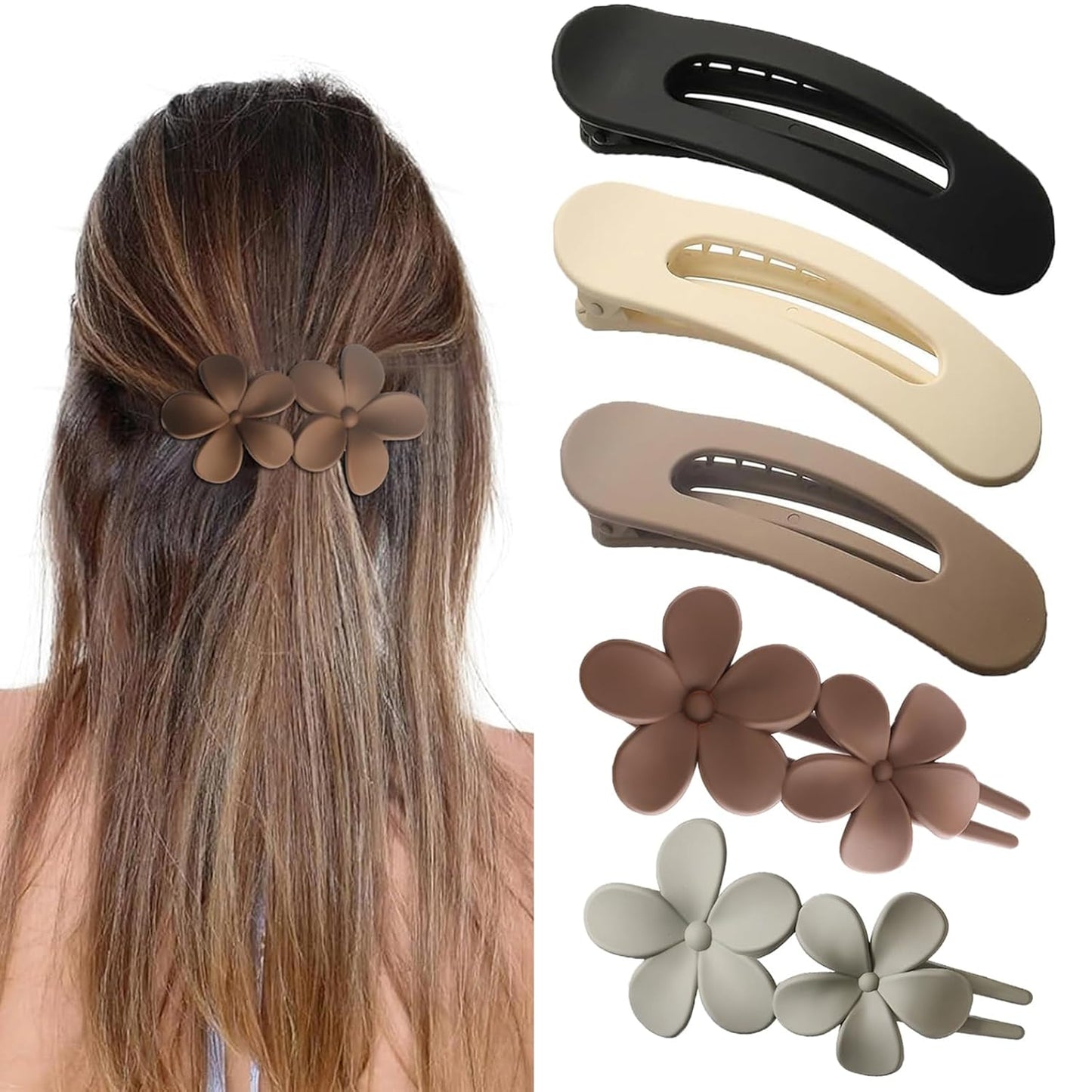5 PCS Flat Hair Clips, Medium Lay Flat Claw Clips for Women Girls, 2 Styles Stylish Matte Non-slip Hair Claws for Thick Thin Hair(Brown&Grey)