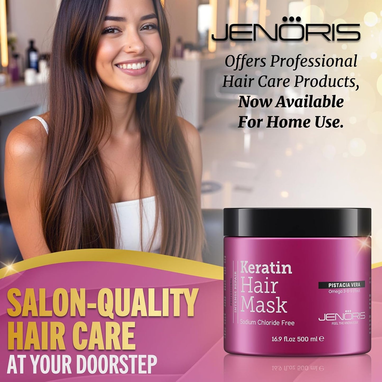 Jenoris Keratin Hair Mask for Dry, Damaged & Frizzy Hair – Deep Conditioning Treatment with Natural Omega 3-6-9 Complex & Pistachio Oil, Salon-Professional, Paraben & SLS Free, 16.9 Fl Oz