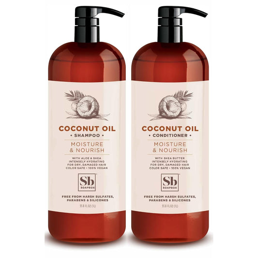 Soapbox Shampoo and Conditioner Set with Coconut Oil, Jojoba Oil, Aloe and Shea Butter to Moisturize and Nourish for All Hair Types, 1 Liter Each (Pack of 2)