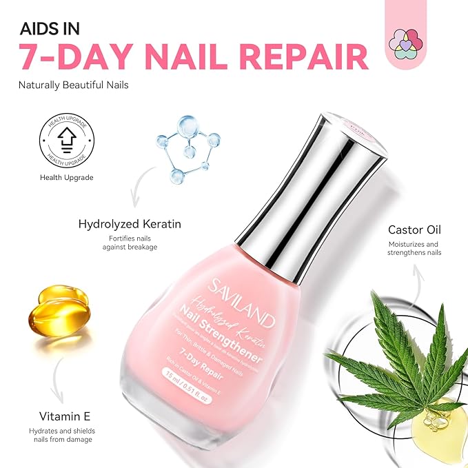 SAVILAND Advanced Nail Strengthener: Pink Air Dry Natural Concealer Foundation Polish Nail Growth for Damaged Nails Repair Weak & Thin Nails with Castor Oil & Vitamin E 15ml Women Gift