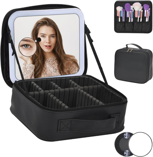 Travel Makeup Bag With LED Mirror,Cosmetic Train Case with 3 Color Setting,Cosmetic Makeup Organizer Bag with Adjustable Dividers,Portable Make up Box with Make up Brushes Holder Storage（Black）