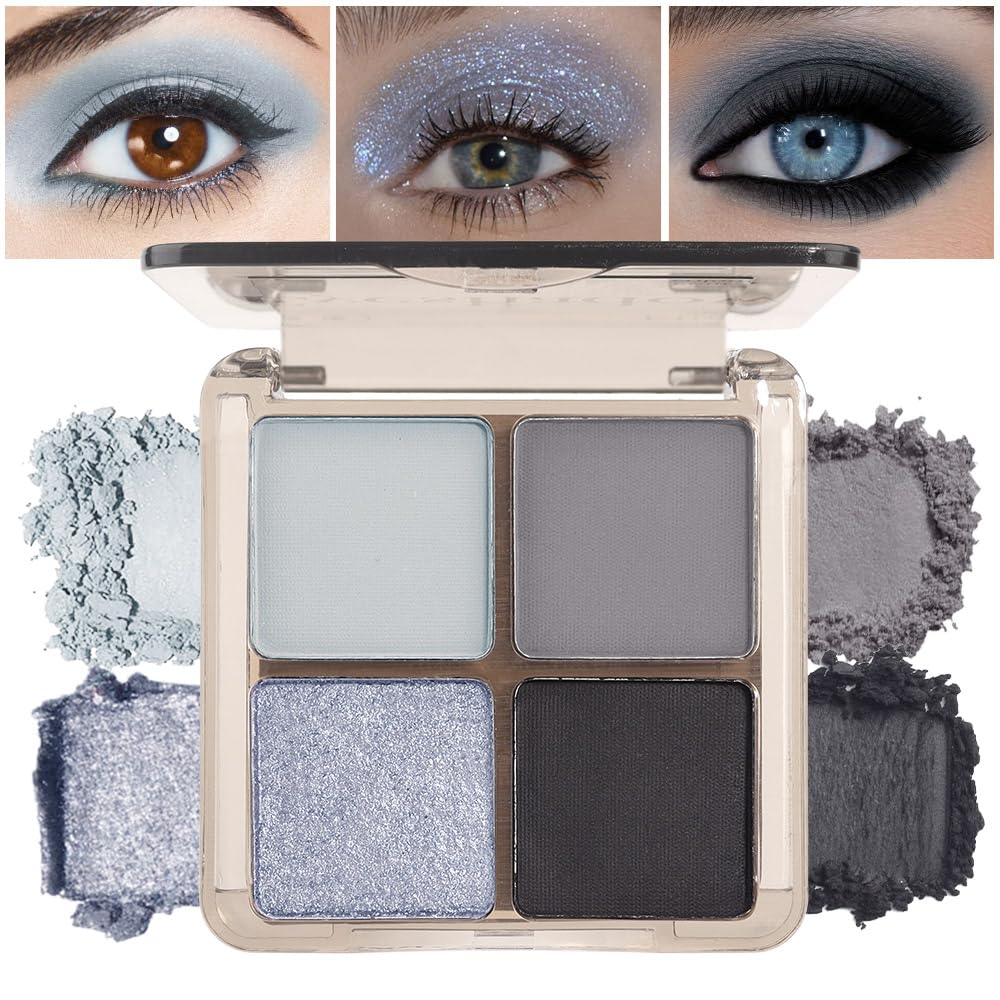Eyeshadow Quads Smoked Blendable Glitter Matte Eyeshadow Palette,Light Grey Silver Black Sparkly Four Eyeshadow Palette Makeup,Everyday Nature Long-Lasting Waterproof Smokeds Women Girls Eyeshadow 4#