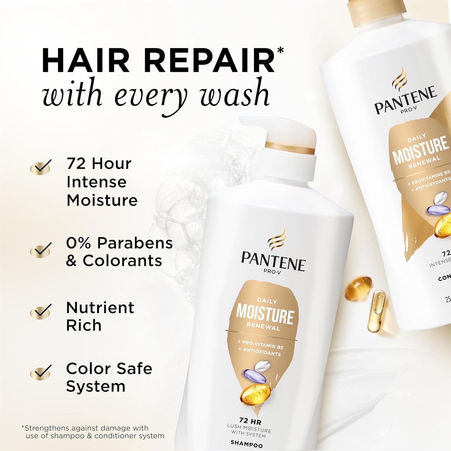 Pantene Shampoo & Conditioner Set, Daily Moisture Renewal - Pro-V Nutrients for Dry, Color-Treated, Straight to Curly Hair, 72-Hour Hydration & Softness, 52.8 Oz Total + Miracle Rescue Shot (0.5 Oz)