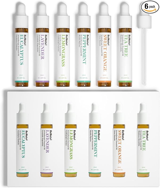 Essential Oils Set (Eucalyptus, Lavender, Lemongrass, Peppermint, Tea Tree, Orange) for Diffuser, Topical Skin, Body, Natural Home Fragrance Gift for Women & Men