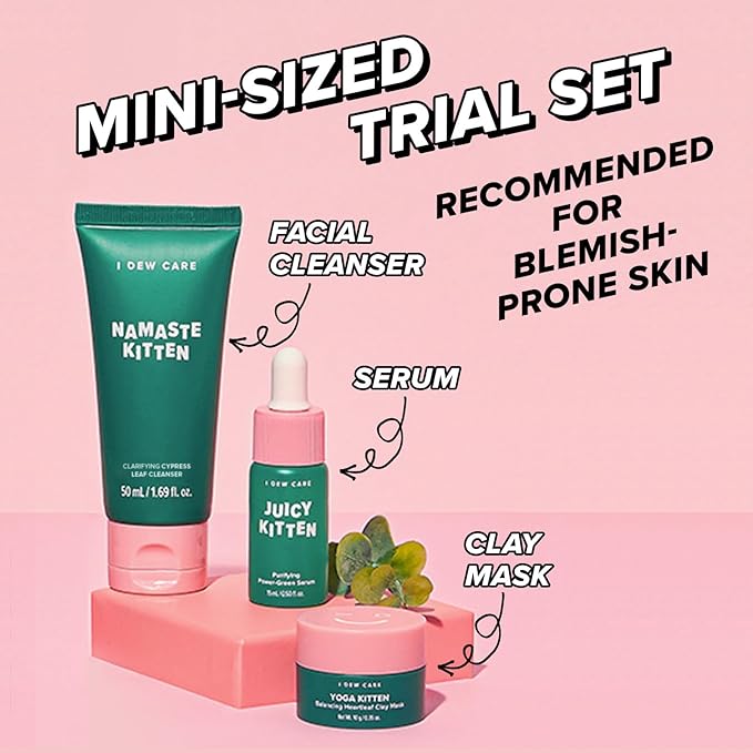 I DEW CARE Blemish Heartleaf Skincare Set - Kitten My Balance On | Foam Cleanser & Wash-off Mask & Serum, Clear and Soothe Irritation, Abosorb Excess Oil, Gentle Face Wash, Travel Size