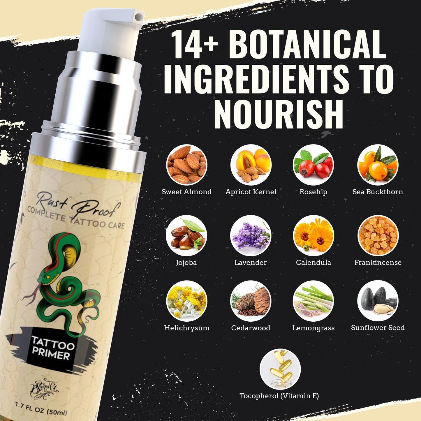 Rust Proof Tattoo Primer 1.7 Fl oz – Lightweight Body Oil Preps and Soothes Tattooed Skin – Fast-Absorbing, Non-Greasy Repair Oil with 14 Essential Oils – Supports Comfort and Skin Vitality