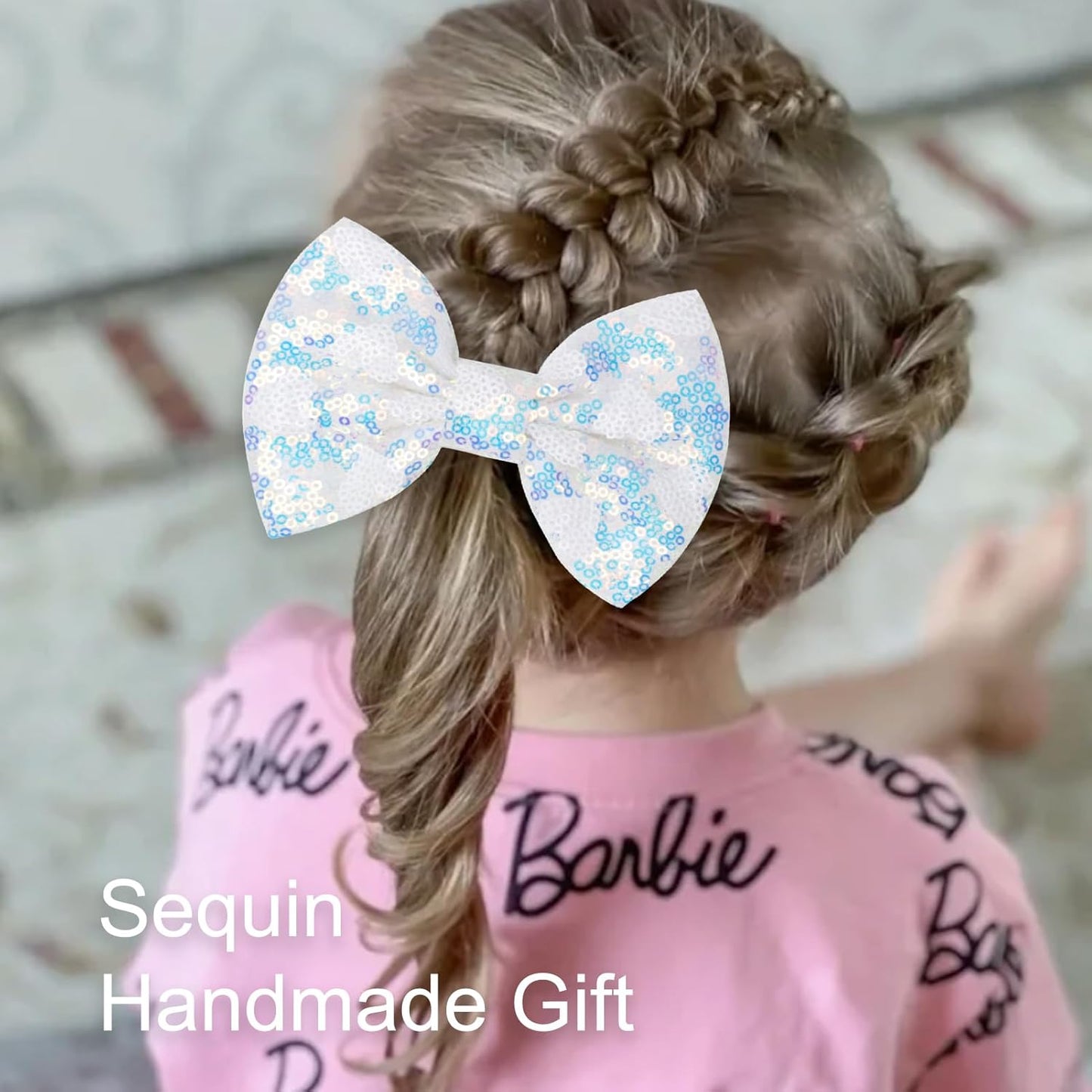 Large Big Sparkling 5 Inch Glitter Heart Hair Bows Clips Sequin Bow Alligator Clips Hair Accessories for Girls, Teens, Toddlers（White）