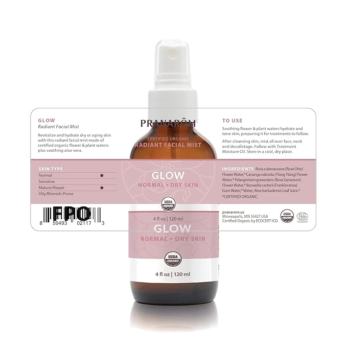 Facial Mist (4oz / 120ml) - 100% Pure & Natural Essential Oil Facial Mist for Dry Skin Hydration & Toning (Glow (Dry Skin))
