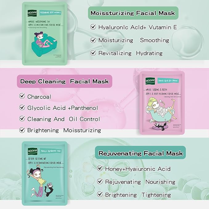 Face Masks Skincare Set for Girl,Moisturizing Collagen Facial Masks for Women Home Spa,Hyaluronic Acid Face Mask for All Skin Types,Day Night Facial Mask Hydrating,Deep Cleaning,Oil Contral(18Pack)