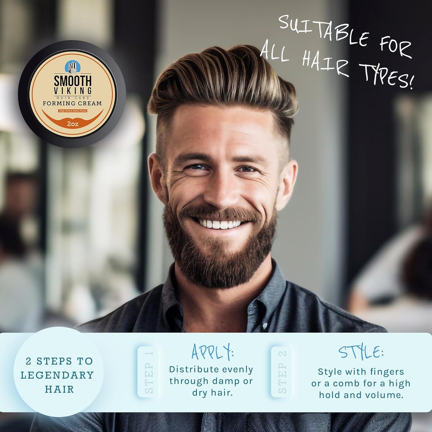 Smooth Viking Forming Cream - High Hold Styling Cream for Matte Finish, Men's Hair Products, Hair Paste for Short, Curly and Long Hair, Made in USA, 2oz