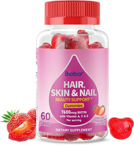 Natural Hair Skin and Nails Vitamins Gummies, 7600mcg Biotin Gummies with Vitamins A C E for Women Men Beauty Support Supplement, GMO Free, Gluten Free (Strawberry Flavor, 60 Count)