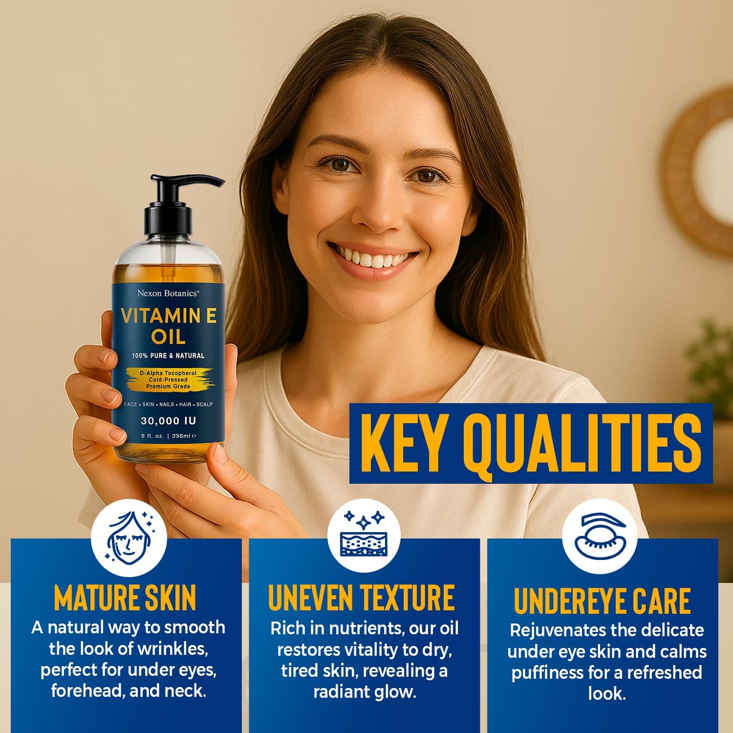 Pure Vitamin E Oil 30,000 IU, 8 fl oz - Cold-Pressed, Hexane Free, Natural Moisturizer for Skin & Face - Supports Scar & Stretch Mark Care by Nexon Botanics