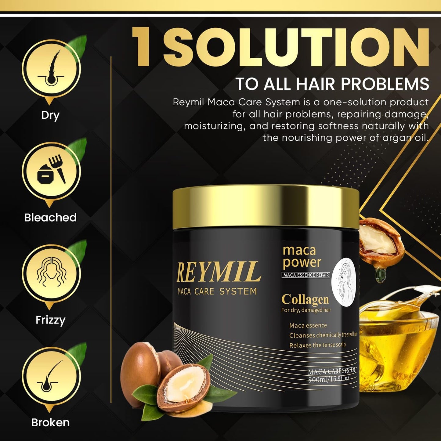REYMIL-Collagen hair mask - hair treatment for dry damaged hair - Collagen Hair Treatment Deep Repair Conditioning Argan Oil Shine and Softness for Healthy Hair -16.9onz mascarilla para el cabello