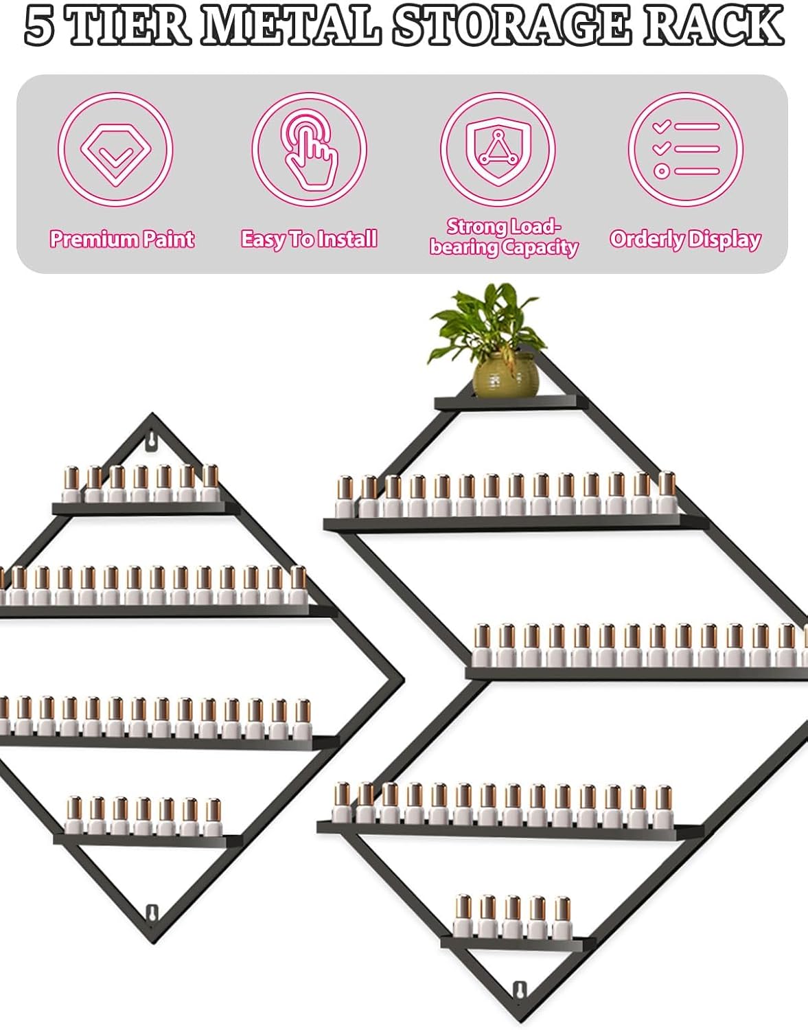 EBANKU Metal Wall Mounted Nail Polish Storage Racks, Black Display Rack Cosmetic Display Case Lipstick Wall Shelf Essential Oil Organizer for Bottles Spa Nail Salon (Irregular Rhomboid)