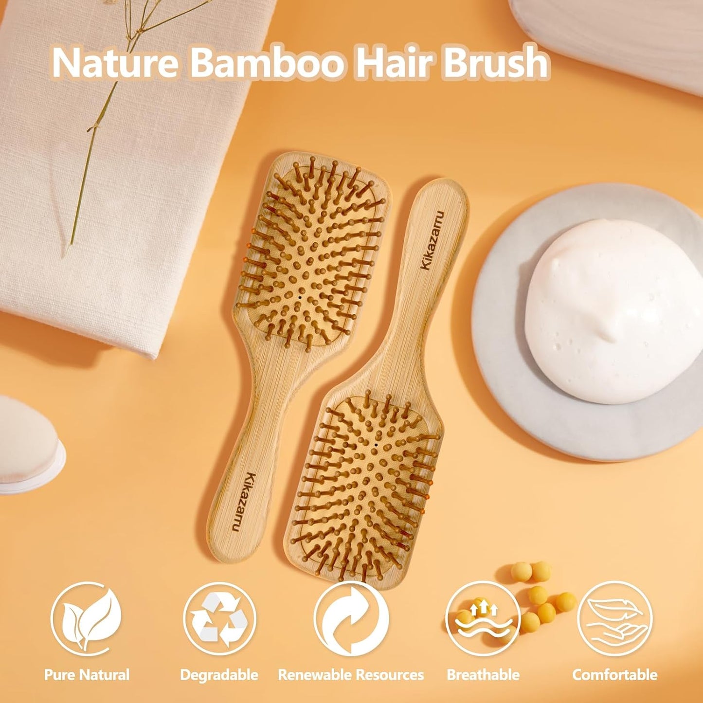 Bamboo Hair Brush for Hair Growth, Detangling & Scalp Massage, Natural Wooden Paddle Hair Brushes for Women Men Kids, Ergonomic Hairbrush Reduces Breakage, Frizz & Tangle, for All Hair Types