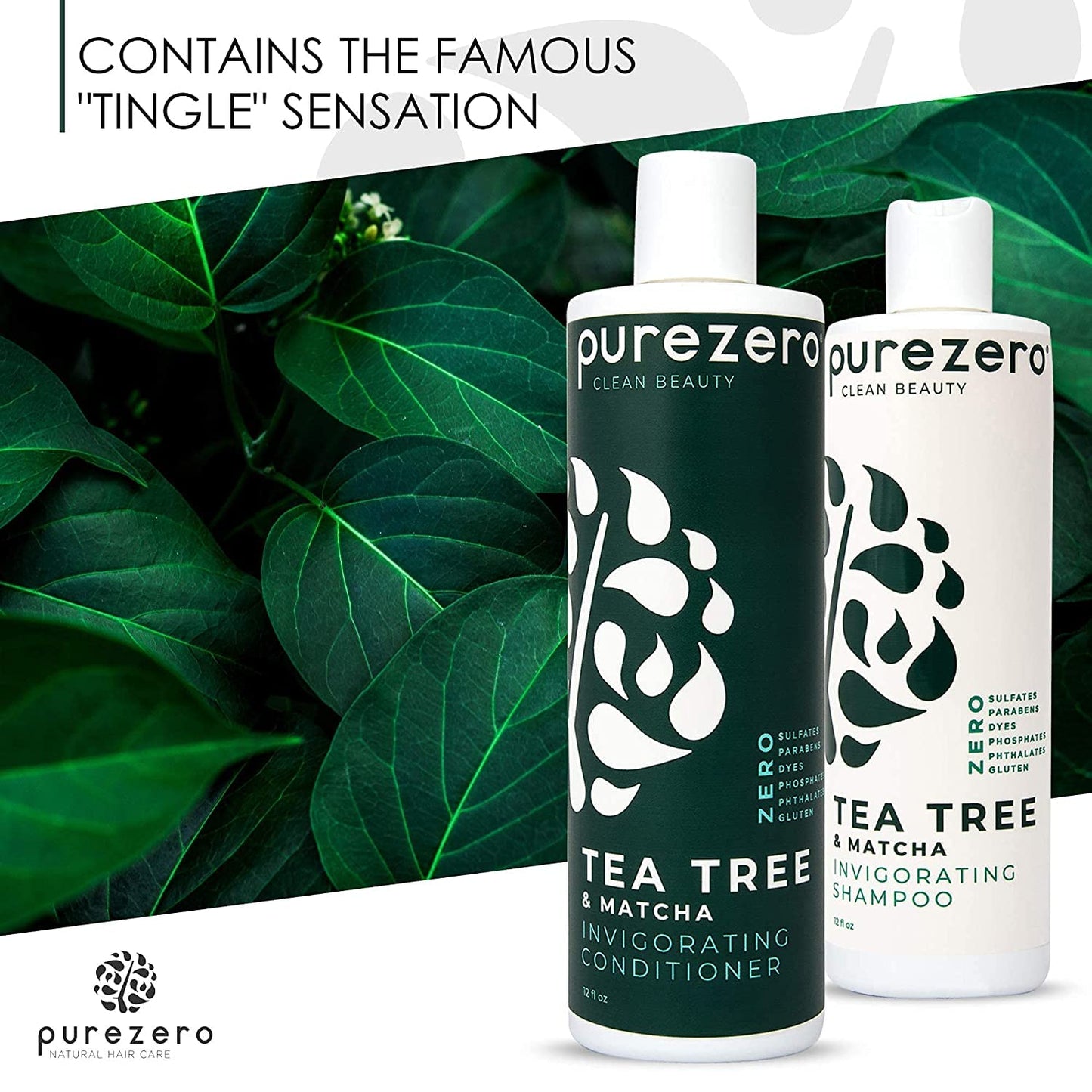 Purezero 20 oz Tea Tree & Matcha Shampoo and Conditioner Set - Nourishing & Invigorating Scalp Treatment - Zero Sulfates, Parabens, Dyes Vegan and Cruelty Free
