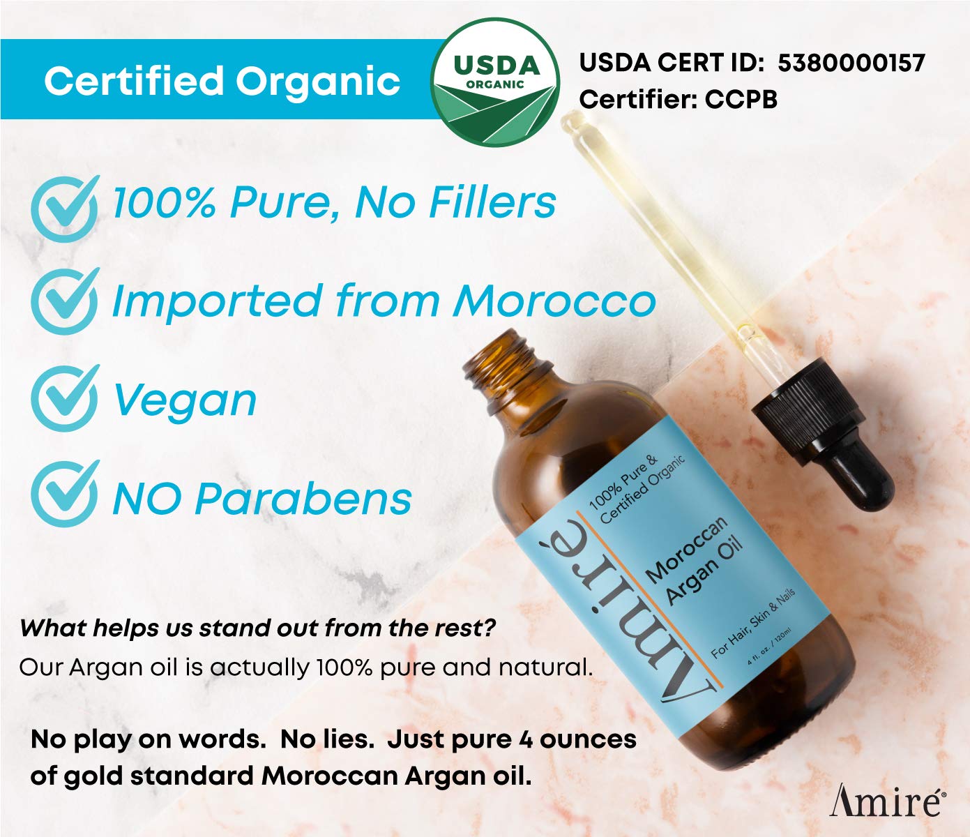 USDA Certified Organic Argan Oil 4oz, Triple Extra Virgin Grade Moroccan Argan Oil for Hair Growth. Skin, Face, & Nails. Moisturizer. Scalp Treatment Hair Oil for Dry, Damaged, Brittle Hair.