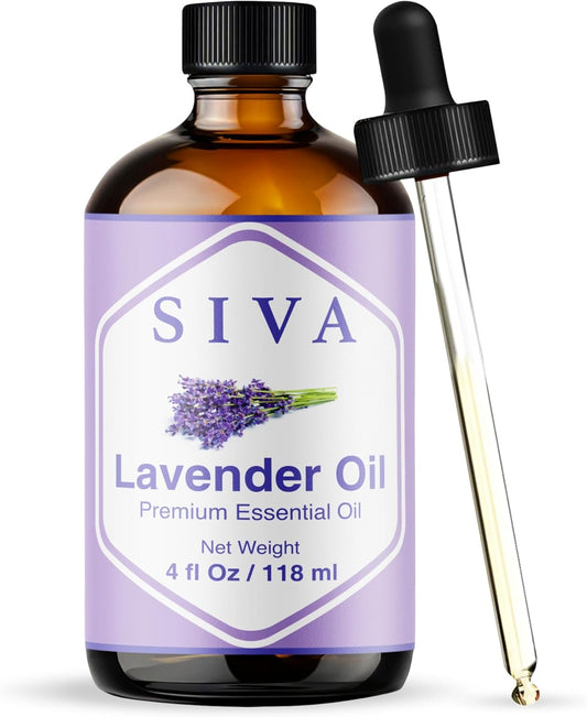 Siva Lavender Essential Oil - 4 Fl Oz – 100% Natural Lavender Oil - for Diffuser, Face, Skin Care, Aromatherapy, Hair Care, Scalp and Body Massage - with Dropper